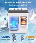 Portable Twin Tub Washing Machine With 19 Pound Washer And 11 Pound Spinner Dryer Featuring A Heavy Duty Drain Pump shows 360W washing motor and 180W spin motor.
