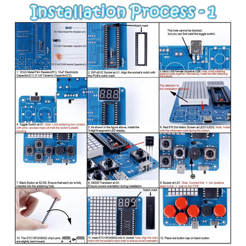 Hands On Soldering Practice Kit For A DIY Game Device With Four Classic Style Games Beginner STEM Learning Kit For Teens And Adults Learn Soldering PCB Basics Clear Instructions And Quick Start Guide installation process steps