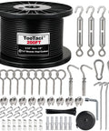 One Eighth Inch Wire Rope Kit With 200 Feet Black Vinyl Coated Stainless Steel Cable And M5 Turnbuckles All In One For String Lights Clothesline Garden Trellis Curtain DIY Outdoor Backyard Ready, showcasing components and tools.