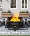 42 Inch Large Square Outdoor Fire Pit With Poker, Wood Burning Fire Pit for Camping and Patio, fiery flames heating outdoor space