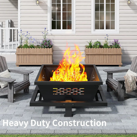 42 Inch Large Square Outdoor Fire Pit With Poker, Wood Burning Fire Pit for Camping and Patio, fiery flames heating outdoor space