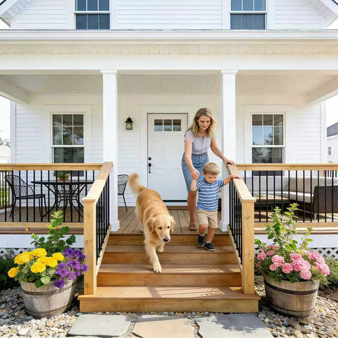 Round Wrought Iron Look Stair Balusters Heavy Duty Interior Exterior Deck Railing Spindles Built Tough For Home Projects 44 Inches Tall in use with family and dog.