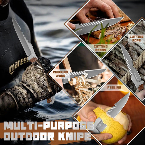 Beast Of A Fixed Blade Knife With D2 Steel Blade Toothed Spine For Outdoor Duty, shown cutting, chipping wood, peeling fruit.