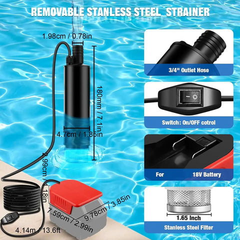 Versatile Battery Powered Sewage Pump For Pool Drainage And Pond Care. This 500 GPH submersible pump tackles yard floods with ease. Featuring A Max Lift Of 16 Feet And Motor Speeds Up To Rpm, It Moves Water Fast From Basements Or Gardens. A Solid Gear