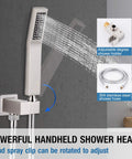Brushed Nickel Shower Faucet Set With Easy Install Sleek Dual Handle Bath Shower Kit shown with handheld spray head and hose.