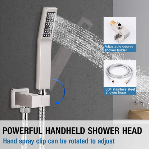 Brushed Nickel Shower Faucet Set With Easy Install Sleek Dual Handle Bath Shower Kit shown with handheld spray head and hose.