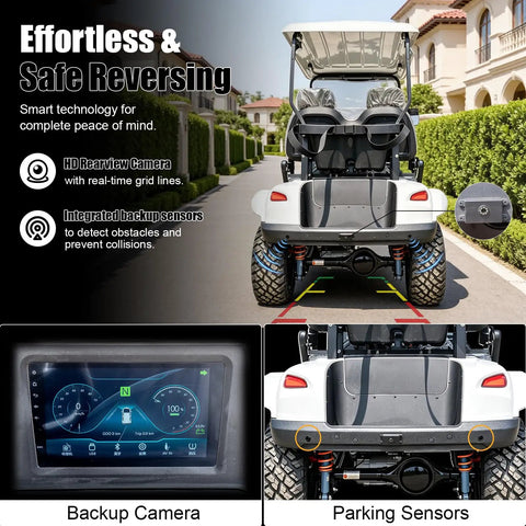 Top Shelf Two Seater Electric Golf Cart With 5kW Motor And 60V Battery showing rear view with HD rearview camera and parking sensors.