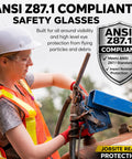 Bulk Six Pack Clear Lens Safety Glasses Ansi Z87 1 Certified Impact Resistant Frames Jobsite And Lab Ready Daily Grind Eyewear in use with worker wearing safety gear.