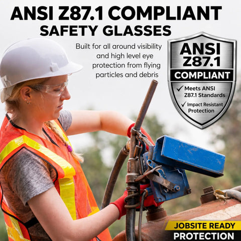 Bulk Six Pack Clear Lens Safety Glasses Ansi Z87 1 Certified Impact Resistant Frames Jobsite And Lab Ready Daily Grind Eyewear in use with worker wearing safety gear.