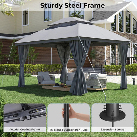 Outdoor Gazebo 10 By 13 Ft with Double Roof and Mosquito Netting Built Tough Metal Frame Canopy UV Resistant Waterproof Top Curtains