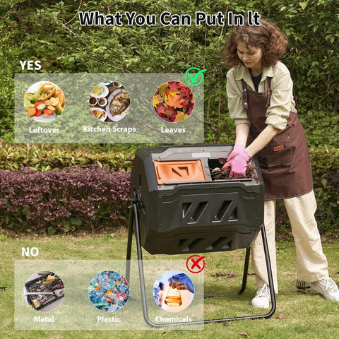 Person using 43-Gallon Dual Chamber Compost Tumbler With 360 Degree Rotating Design, Steel Frame, Aeration System, And Dual Sliding Doors.