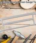Stainless Steel Tenon Gauge Tool And Mortise Tenon Jig For Precision Woodworking Measuring At Home Carpentry And Furniture Making Featuring One Point Five And Two Inch Slots Dead On Fit Check Slick Durable Build on wooden table with tools.