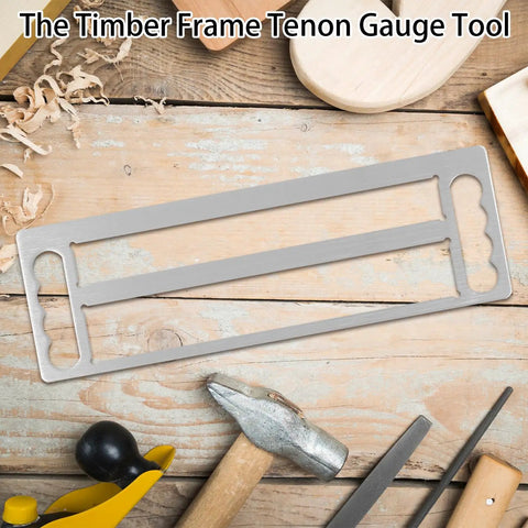 Stainless Steel Tenon Gauge Tool And Mortise Tenon Jig For Precision Woodworking Measuring At Home Carpentry And Furniture Making Featuring One Point Five And Two Inch Slots Dead On Fit Check Slick Durable Build on wooden table with tools.