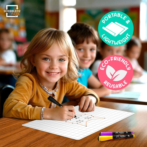 Child using Flexible 11x14 Dry Erase Sheets For Math Practice With Quad Graph Whiteboard Sheets Classroom Pack Of 10
