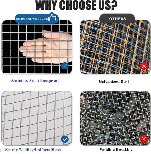 Comparison of Heavy Duty Stainless Steel Hardware Cloth 23 Gauge vs alternatives, showing rustproof and sturdy welded wire mesh.