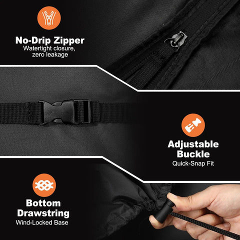 Close-up of 9Ft Cantilever Umbrella Cover With 420D Oxford Fabric showing no-drip zipper, adjustable buckle, and bottom drawstring.