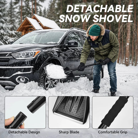 Amazon car emergency safety kit with detachable snow shovel; man shoveling snow beside a black SUV in winter.