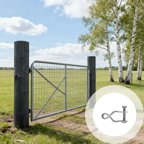 Two Pack Chain Link Fence Hinge Set in Silver Galvanized Steel showing field gate installation on wood posts