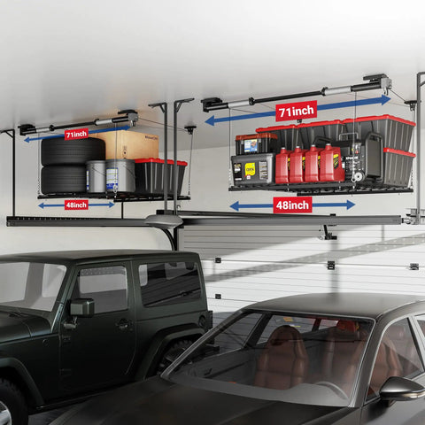 Heavy Duty Overhead Garage Storage Rack 4X4 Ft Ceiling Hoist System Adjustable Metal Organizer Holds Up To 350 Pounds Legit Garage Storage Flex Setup Black