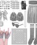 73 Piece Silver Spirit Wear Kit For Girls With Bulk Pep Rally Essentials including cheer pom poms, bandana, and tutu displayed.