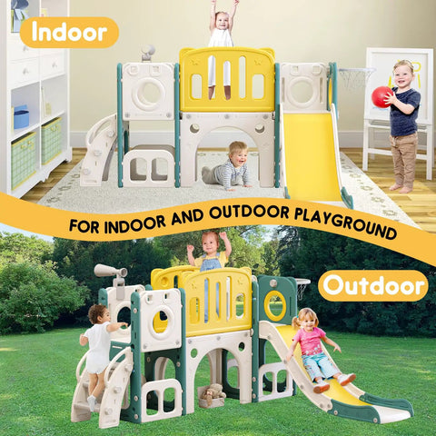 8 In 1 Toddler Climber And Slide Playset With Basketball Hoop For Indoor And Outdoor Fun, children playing indoors and outdoors