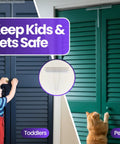 Slide-Lok Bi-Fold Door Lock Kid-Friendly Easy Install Child Safety Lock For Double Closet Doors with child and pet illustration