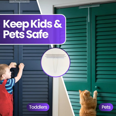 Slide-Lok Bi-Fold Door Lock Kid-Friendly Easy Install Child Safety Lock For Double Closet Doors with child and pet illustration