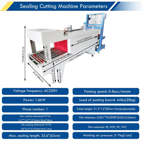 No Sweat Heavy Duty 2 In 1 Heat Shrink Packaging Machine Automatic Film Sealer And Cutter Compact Thermal Tunnel dimensions and specs.