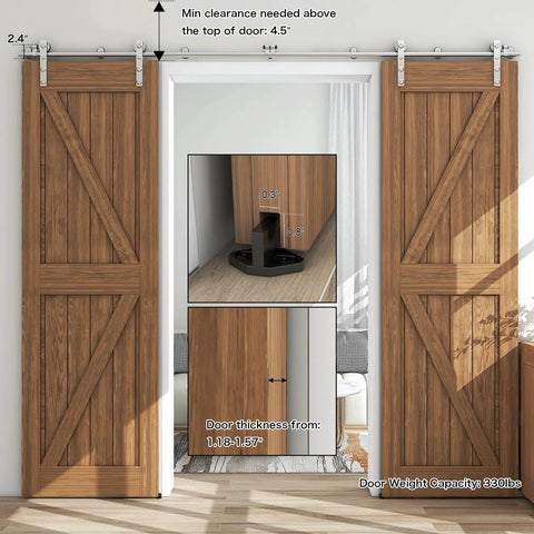 8Ft Stainless Steel Sliding Barn Door Hardware Kit With Heavy Duty Track And Silent Glide for 24 Inch Double Wooden Doors