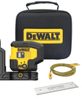 Green 3 Spot Self Leveling Laser Level Kit Pro Grade For DIY And Pros With USB Rechargeable Battery Includes USB Cable Mounting Base And Carry Case Long Range Up To 165 Feet And One Eighth Inch Accuracy At 33 Feet. Black case, charger cable, and mount shown.