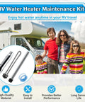 Family with RV, circular inset of RV Water Heater Maintenance Kit With 9.25 Inch Magnesium Anode Rod And 520900 Electric Heating Element