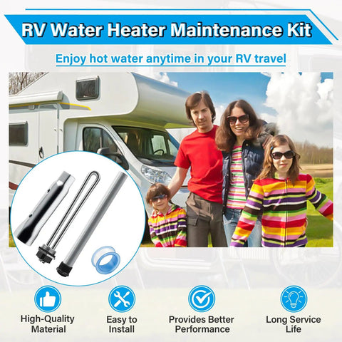 Family with RV, circular inset of RV Water Heater Maintenance Kit With 9.25 Inch Magnesium Anode Rod And 520900 Electric Heating Element