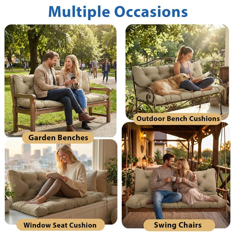 Replacement Cushions For Outdoor Furniture 60x40 Inch Waterproof Porch Bench Cushions For 2 To 3 Seaters With Ties And Backrest 5 Inch Thick Patio Swing Chair Cushion For Garden Backyard Easy To Clean And Breathable Khaki on garden and swing benches, showcasing versatility and comfort.