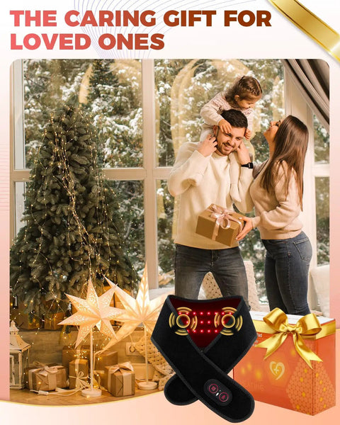 Family exchanging gifts next to Christmas tree with Red Light Therapy Belt For Neck And Shoulders That Also Treats The Rest Of Your Body All Day Cordless Infrared Heating Pad With Vibration Portable Massager displayed