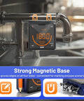 Built Tough Digital Angle Gauge And Bevel Finder With Rock Solid Magnetic Base mounted on metal pipe showing 180-degree reading.