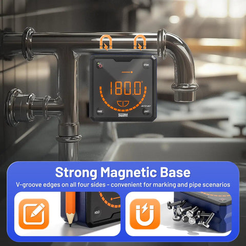 Built Tough Digital Angle Gauge And Bevel Finder With Rock Solid Magnetic Base mounted on metal pipe showing 180-degree reading.
