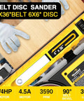 Pro Grade Belt And Disc Sander Combo with 4x36 Inch Belt, 6 Inch Disc, yellow design, 3/4 HP motor, detailed view