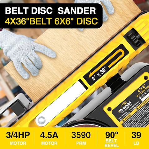 Pro Grade Belt And Disc Sander Combo with 4x36 Inch Belt, 6 Inch Disc, yellow design, 3/4 HP motor, detailed view