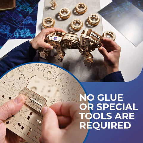 NASA Manned Mars Rover 3D Wooden Puzzle Kit for Adults Mechanical Build With Spring Drive 6x6 in hands, no glue tools required