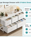 Sleek White Dresser For Bedroom, Wide Chest Of Drawers With Badass Storage Cabinet For Clothes, Workout Gear, Blankets And Lingerie, Space Saving Organizer For Nursery Entryway Or Closet Setup Straight Up Game Changer with 5 fabric drawers.