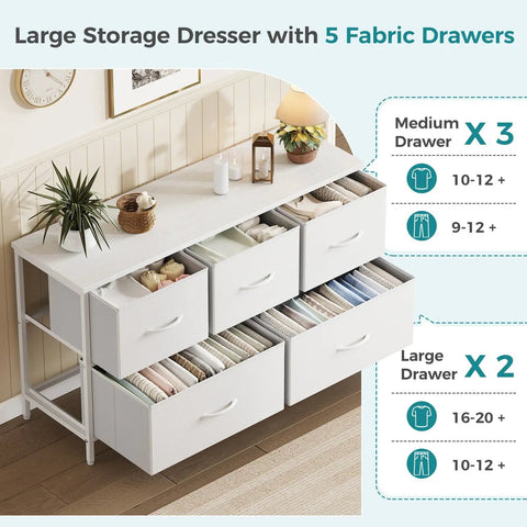 Sleek White Dresser For Bedroom, Wide Chest Of Drawers With Badass Storage Cabinet For Clothes, Workout Gear, Blankets And Lingerie, Space Saving Organizer For Nursery Entryway Or Closet Setup Straight Up Game Changer with 5 fabric drawers.