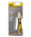 Dead Simple Adjustable Non Contact Voltage Sensor Tests 12 To 1000 V AC Fast With Loud Audio Tone And Clear Flashing Light Tough Rubberized Handle For Real Deal Electricians Today in packaging.