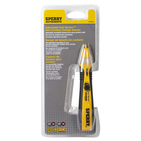 Dead Simple Adjustable Non Contact Voltage Sensor Tests 12 To 1000 V AC Fast With Loud Audio Tone And Clear Flashing Light Tough Rubberized Handle For Real Deal Electricians Today in packaging.