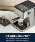Top Notch Stainless Steel Espresso Machine With Built In Milk Frother For Killer Homemade Lattes And Smooth Cappuccinos Powered By Consistent Nine Bar Pressure And Zero Effort Auto Stop Settings Anytime, featuring adjustable tray for different cup sizes.