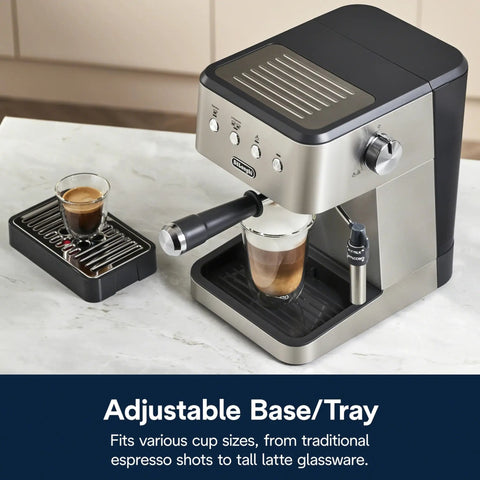 Top Notch Stainless Steel Espresso Machine With Built In Milk Frother For Killer Homemade Lattes And Smooth Cappuccinos Powered By Consistent Nine Bar Pressure And Zero Effort Auto Stop Settings Anytime, featuring adjustable tray for different cup sizes.