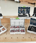 Festool DuoPower Anchor Set 5 6 8 10 Mm with 6 x 35 Chipboard Anchors in MINI Systainer S 76 displayed in open cases