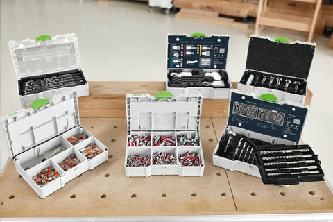 Festool DuoPower Anchor Set 5 6 8 10 Mm with 6 x 35 Chipboard Anchors in MINI Systainer S 76 displayed in open cases