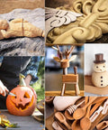 Various woodworking projects using the 7 In 1 Wood Carving Tool Set For Beginners Featuring Hook Knife, Grain Tool, Oblique Tool.