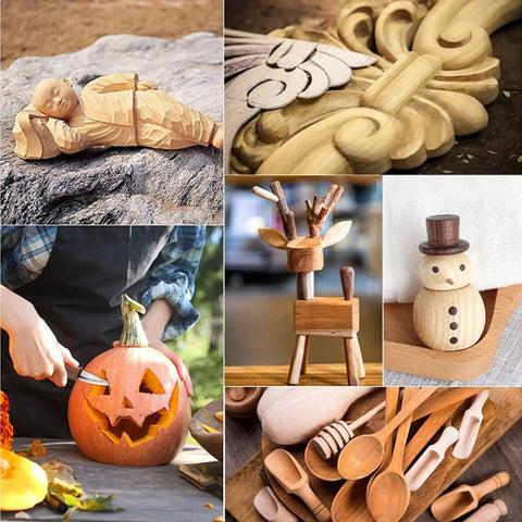 Various woodworking projects using the 7 In 1 Wood Carving Tool Set For Beginners Featuring Hook Knife, Grain Tool, Oblique Tool.