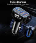 Top Tier Ninety Watt USB C Car Charger With Four Hella Fast Ports displayed in a vehicle's power socket.